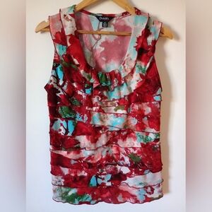 Red and Turquoise Abstract Pattern Sleeveless Blouse With Ruffles Size Large